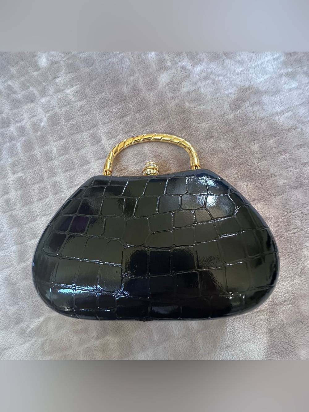 Cache Black Croc-Embossed Patent leather Clutch with Gold Handle and hardware